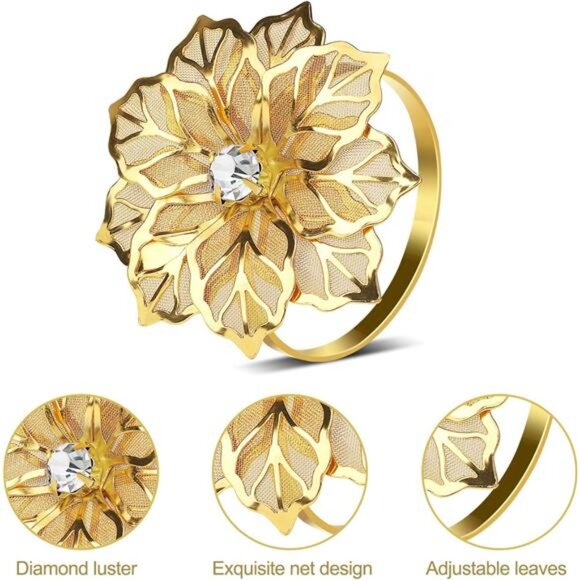 KPOSIYA Set of 20 Napkin Rings, Metal Gold Hollow Out Flower Napkin Ring Holder - Picture 4 of 16